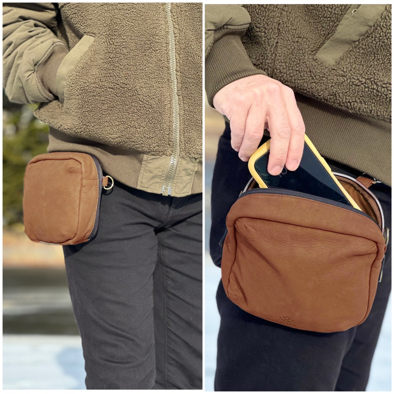 ボディバッグを腰に下げる